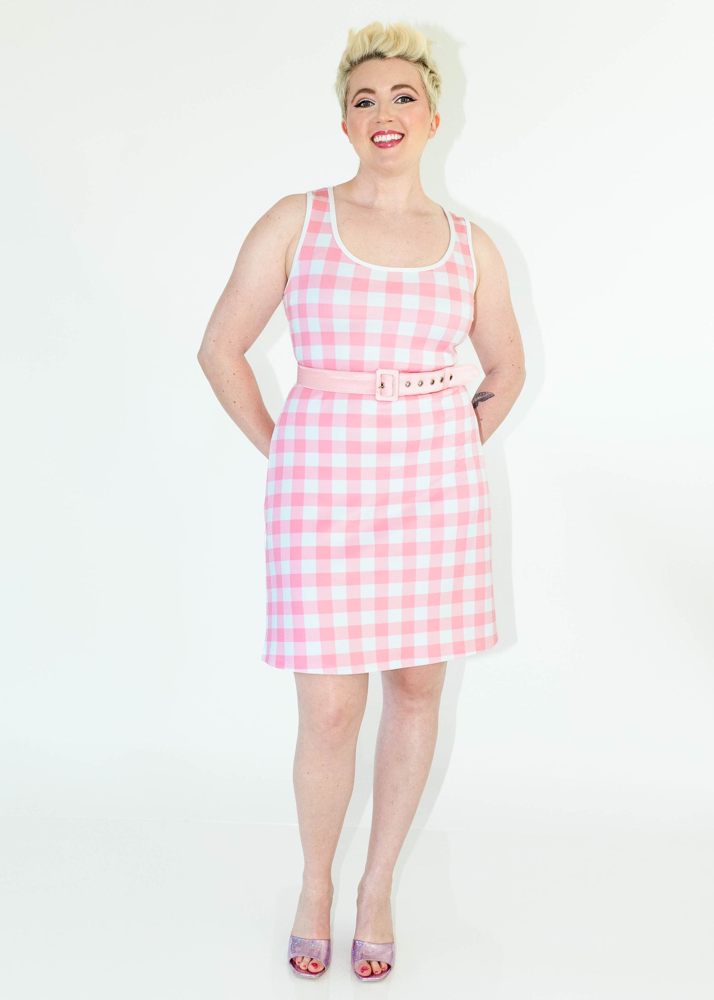 Scuba Knit Shift Dress- Pink Gingham Print