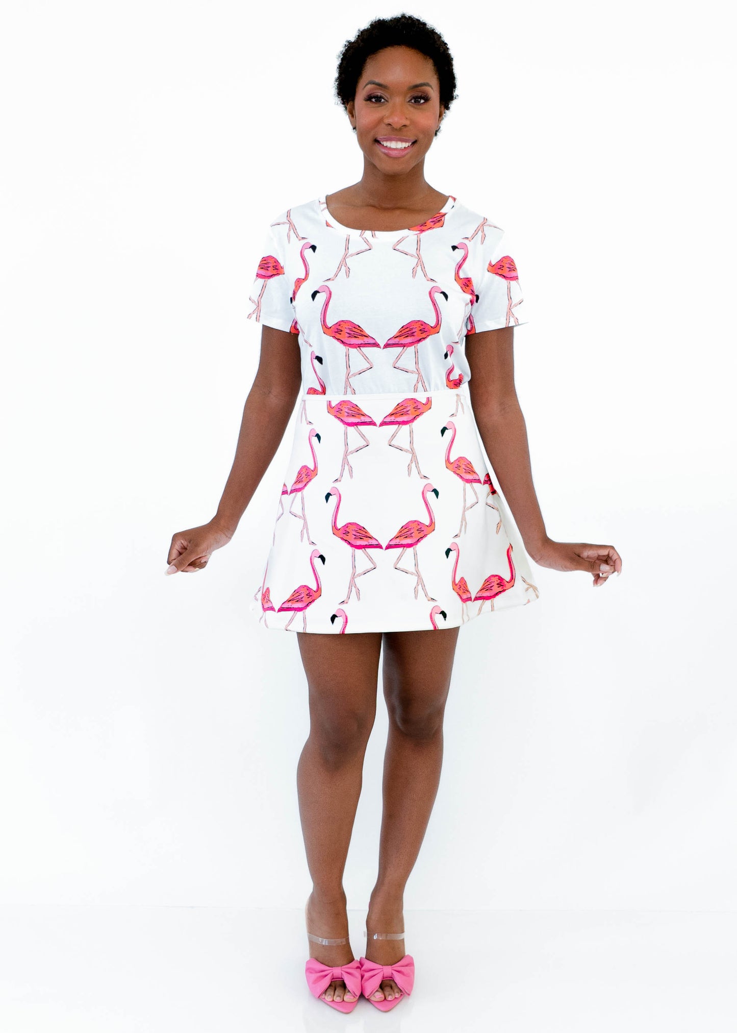 Scuba Knit Mini Skirt - Let's Flamingle Flamingos Print