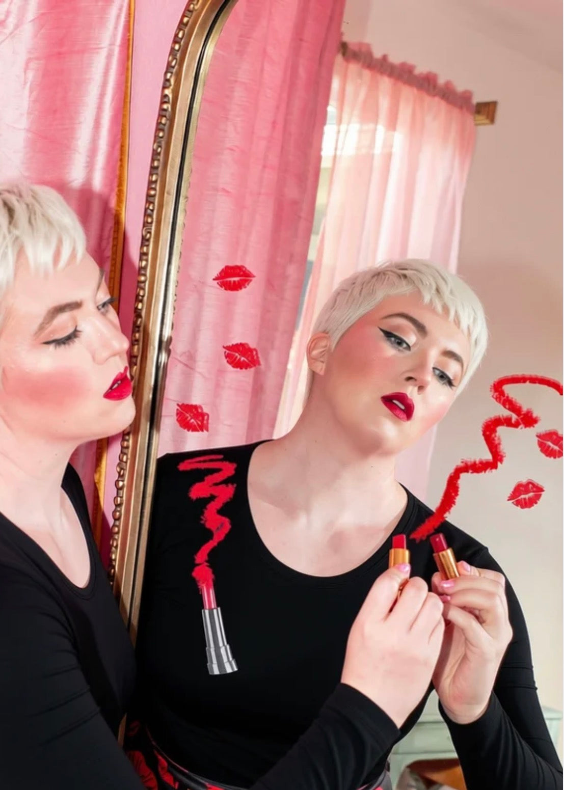 My Weapon Of Choice - Pink Long Sleeve Tee With Red Lipstick Drawn On Top