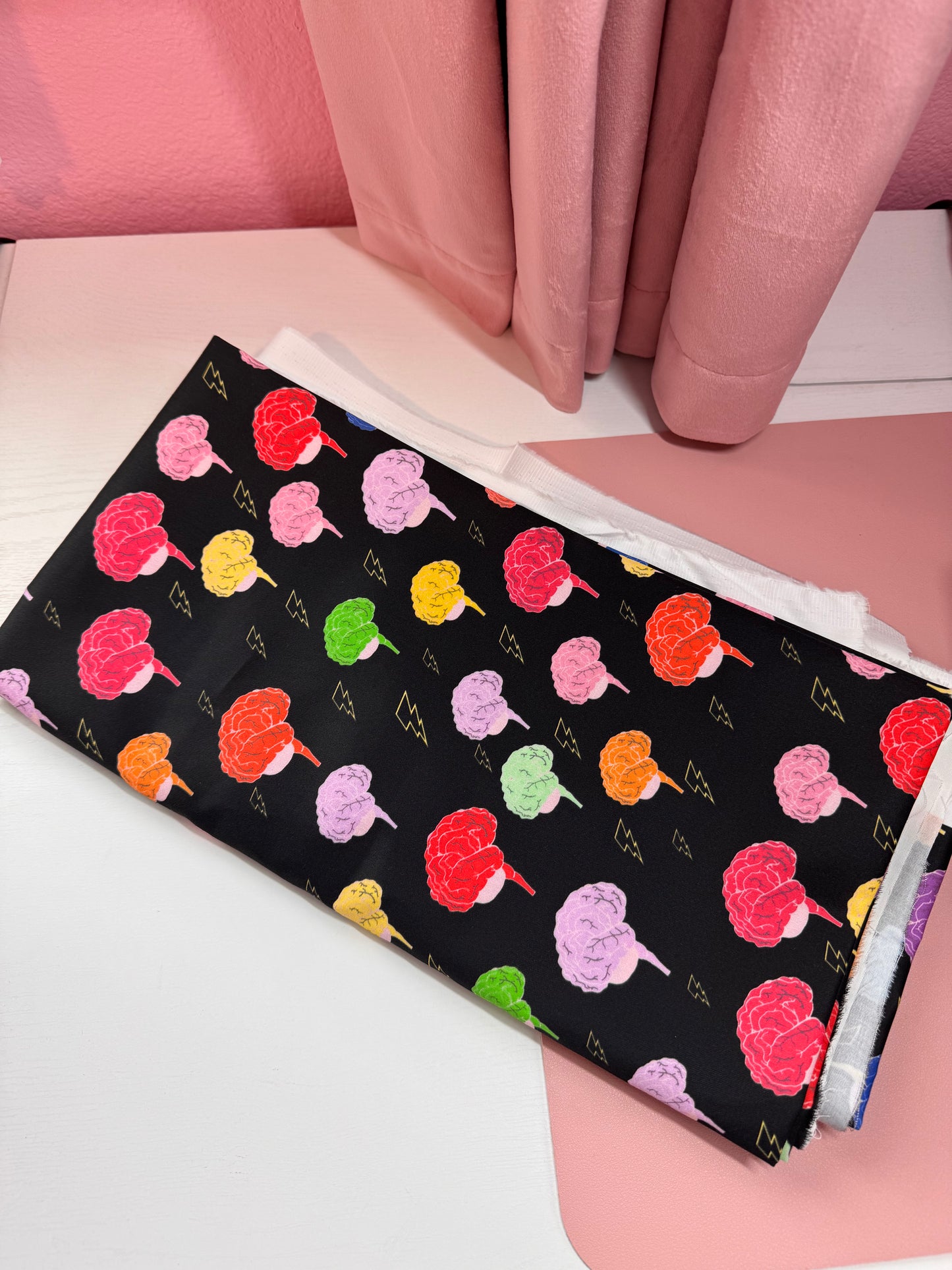 100% Organic Cotton Sateen Oeko-Tex I Love Your Brain Designer Fabric -Black With Rainbow Brains Lightening Bolts