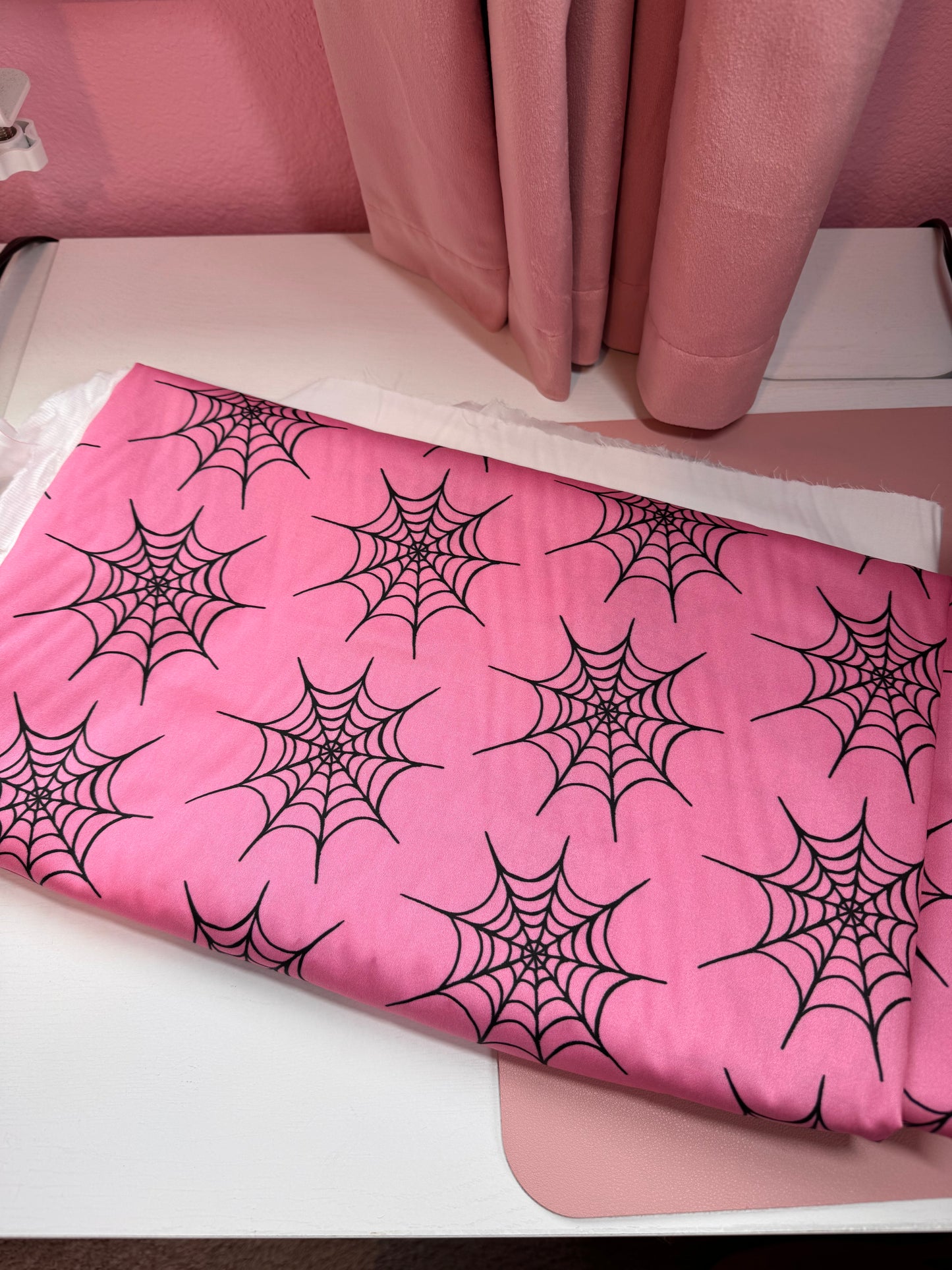 100% Organic Cotton Sateen Oeko-Tex Walking Through The Spider Webs Designer Fabric - Pink with Black Spider Webs
