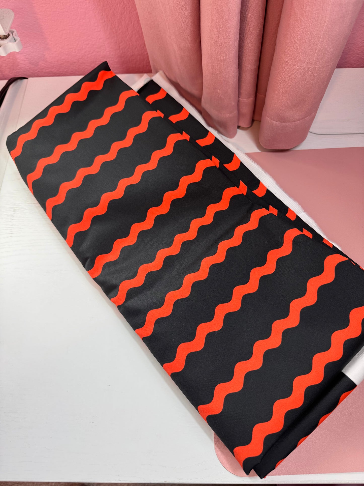 100% Organic Cotton Sateen Oeko-Tex Ric Rac Designer Fabric - Black with Neon Orange Wavy Stripes
