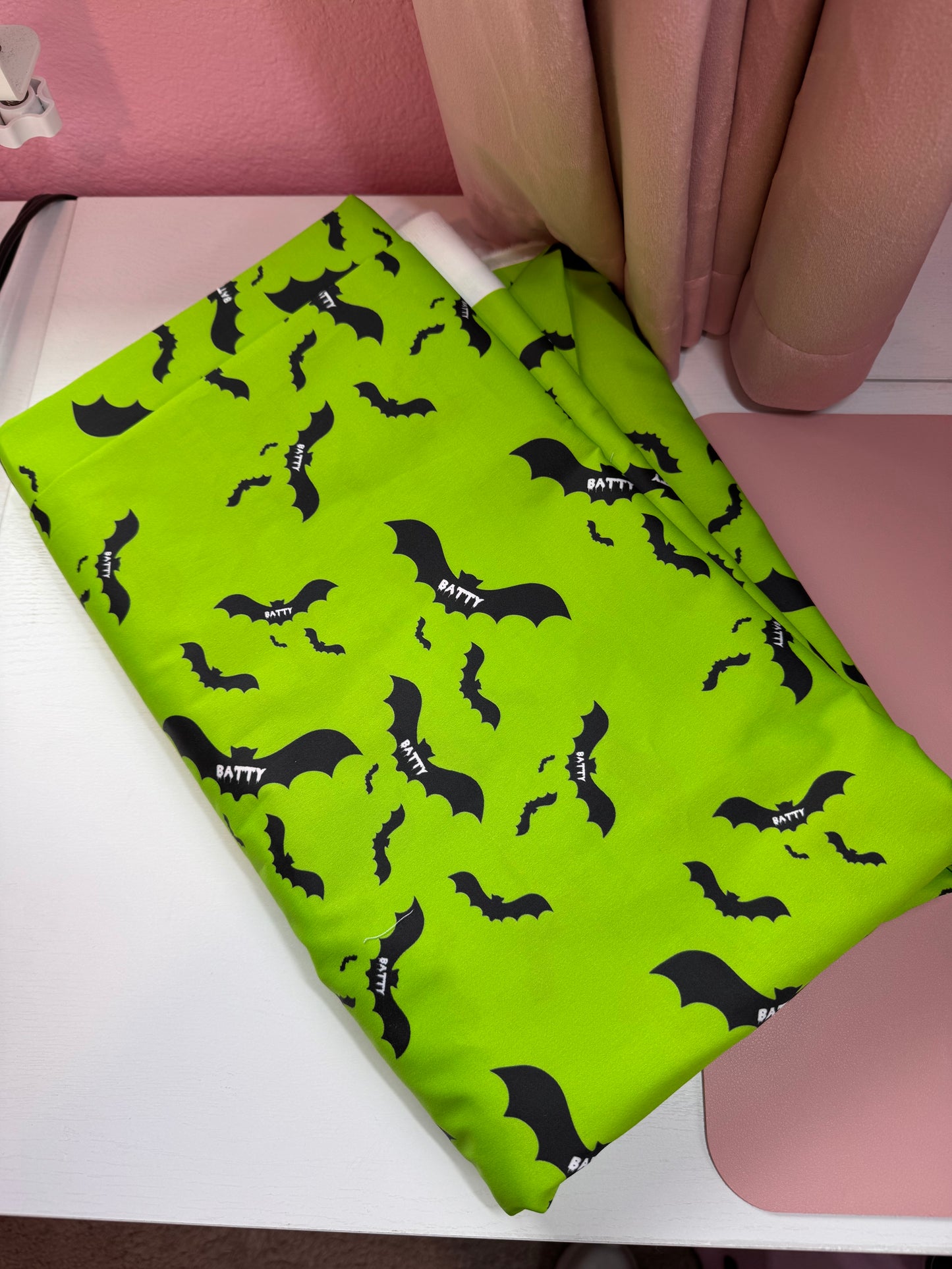100% Organic Cotton Sateen Oeko-Tex Batty Ghoul Designer Fabric - Neon Green With Black Bats