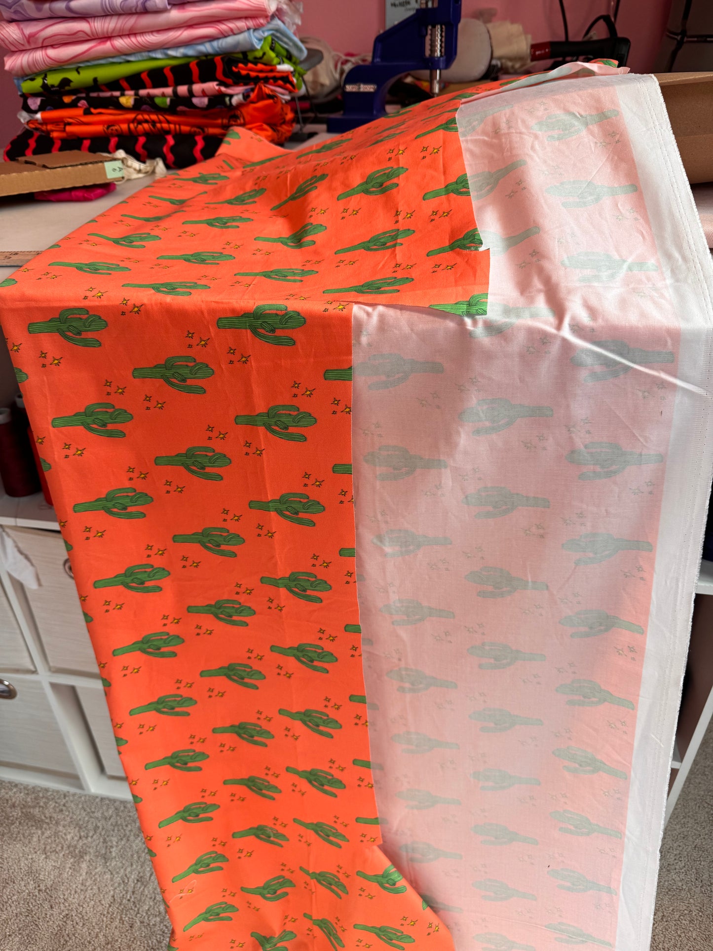 100% Organic Cotton Sateen Oeko-Tex On Point Designer Fabric - Coral Orange & Green Cactus Print