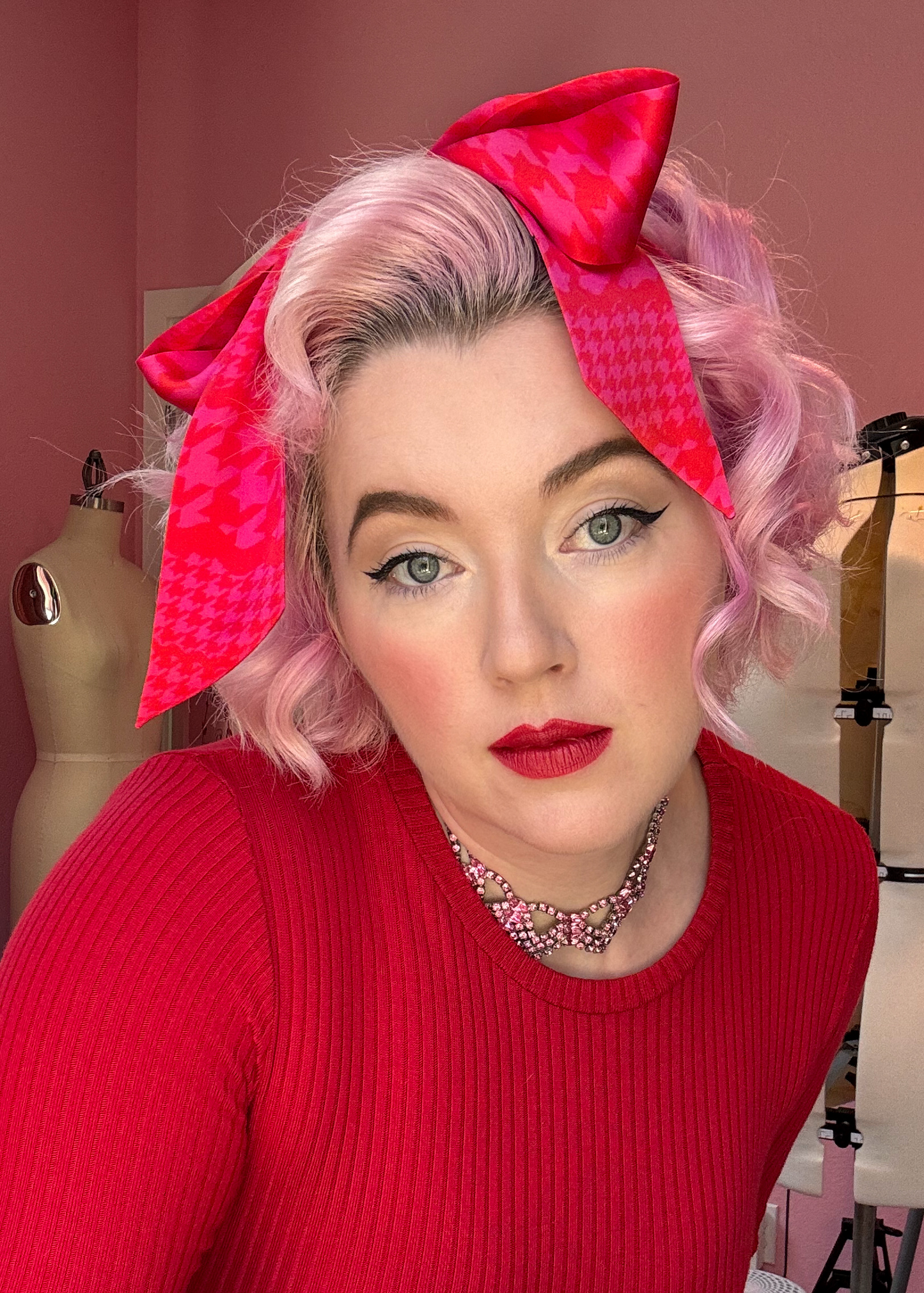 Mad Houndstooth Silk Satin Twilly Ribbon Scarf - Pink And Red 13th Anniversary Limited Edition