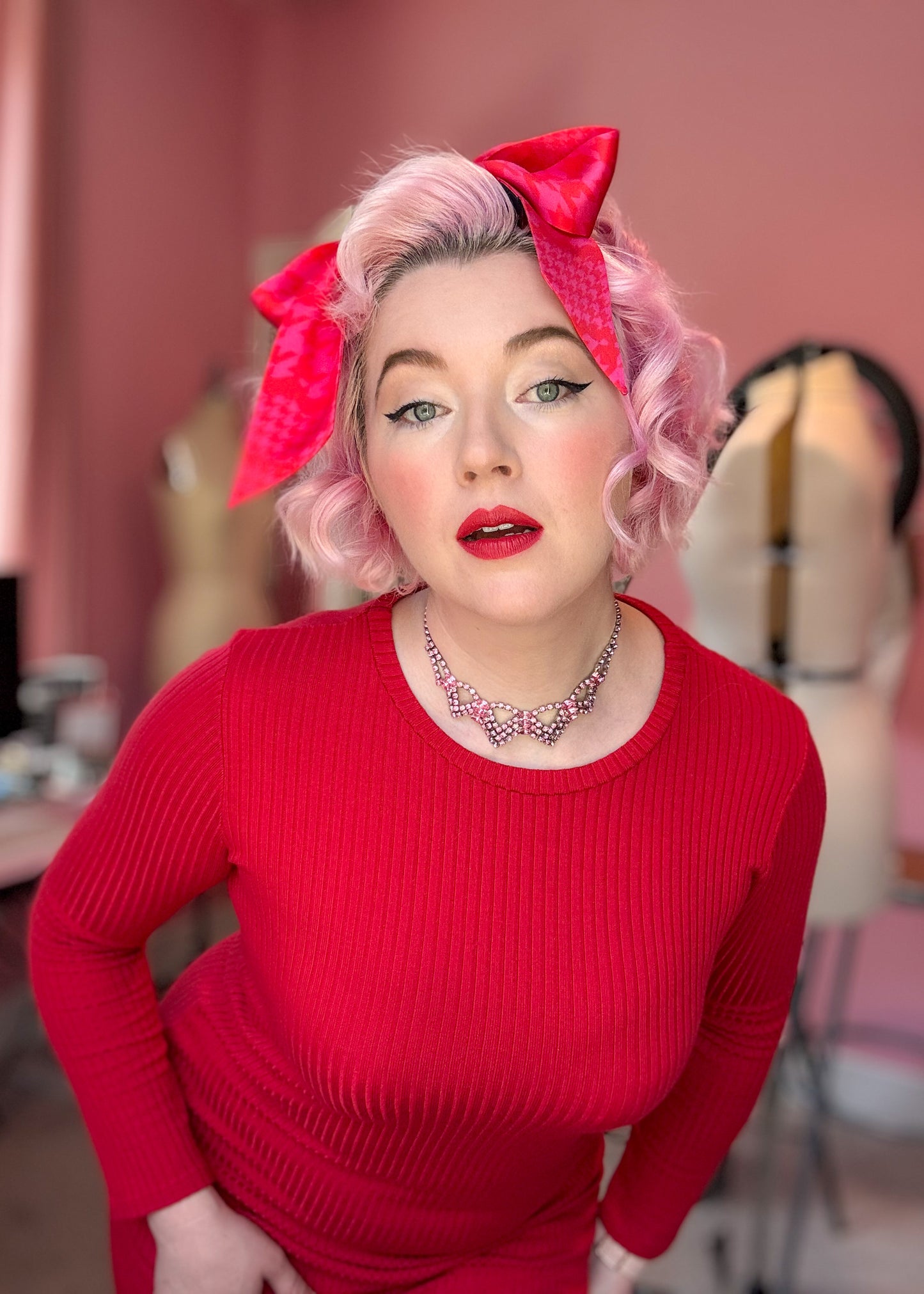Mad Houndstooth Silk Satin Twilly Ribbon Scarf - Pink And Red 13th Anniversary Limited Edition