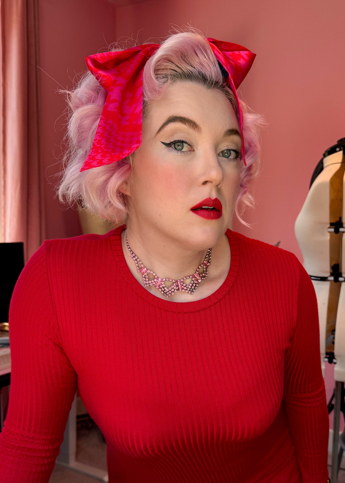 Mad Houndstooth Silk Satin Twilly Ribbon Scarf - Pink And Red 13th Anniversary Limited Edition