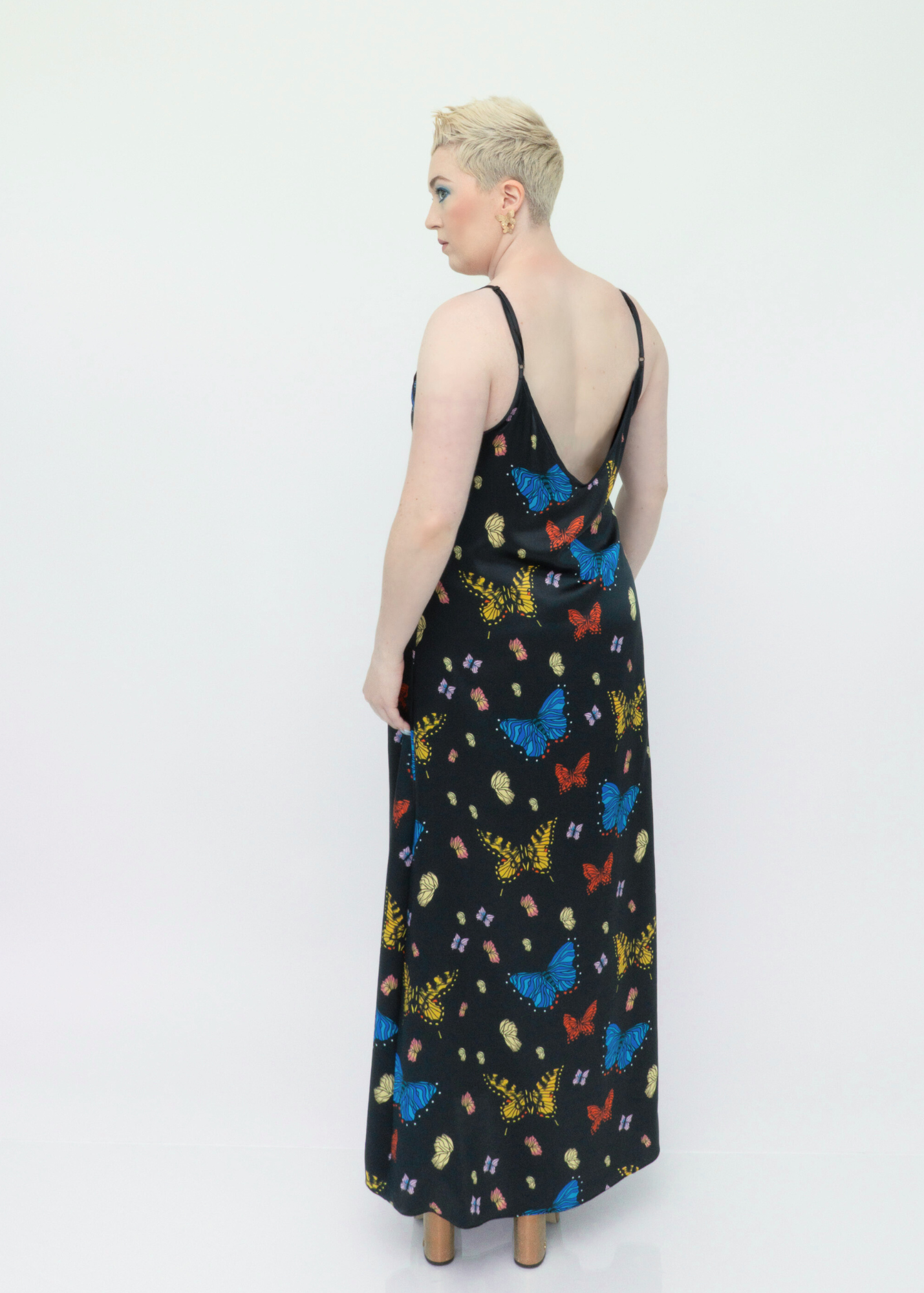 Butterflies Silk Maxi Slip Dress - Black