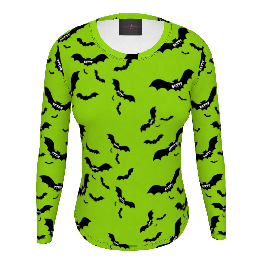 Neon Green Batty Bat Print Long Sleeve Tee