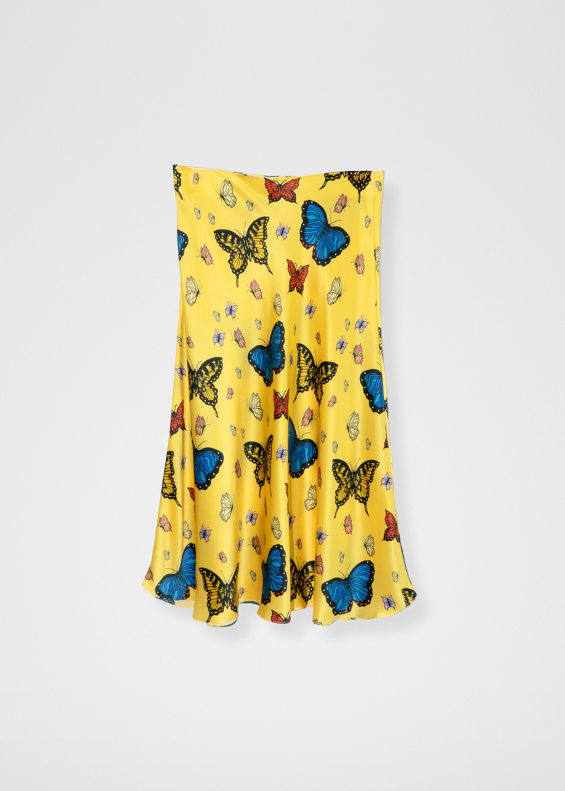 Butterflies Silk Midi Slip Skirt - Yellow