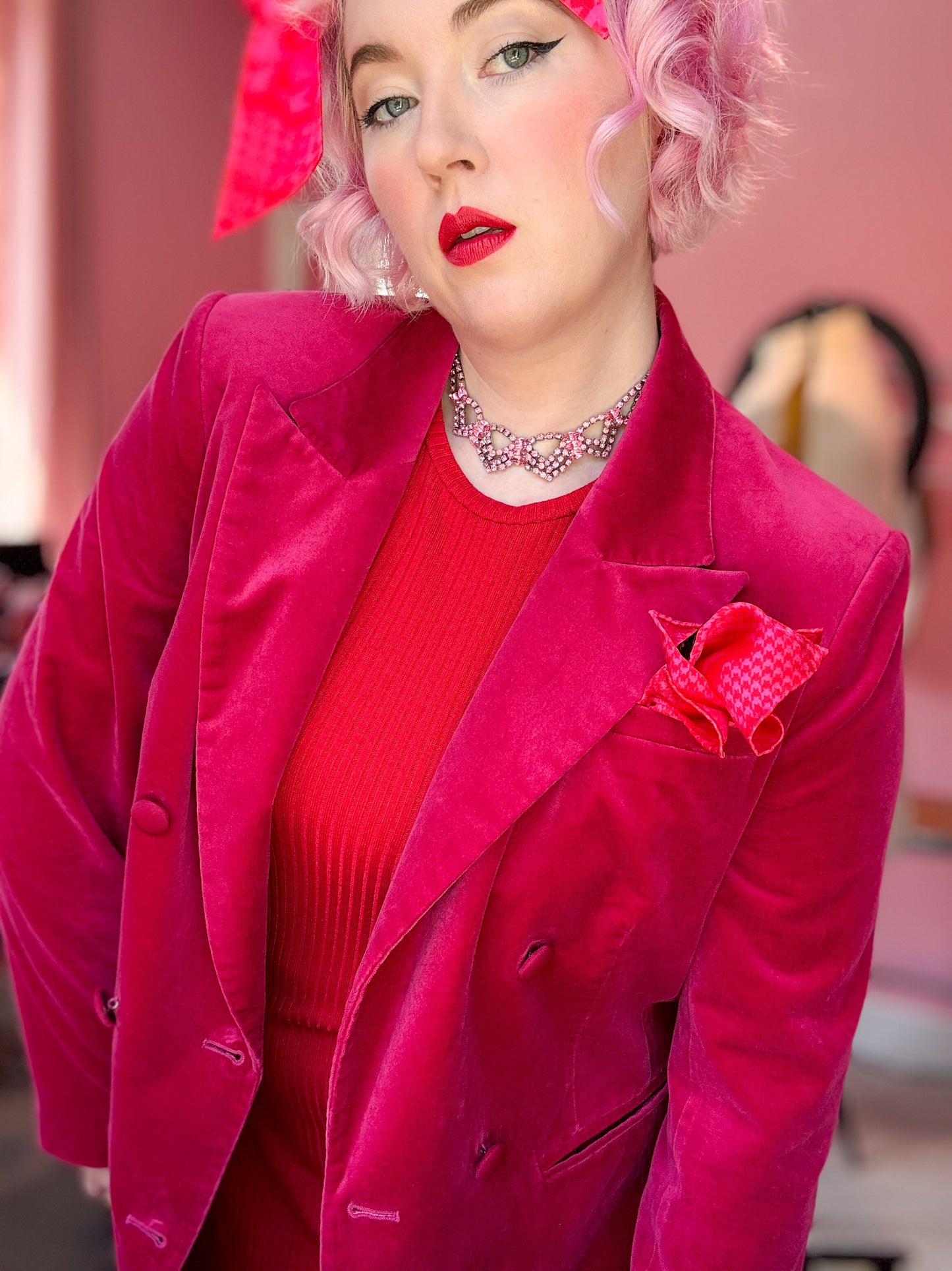 Mad Houndstooth Silk Satin Pocket Square - Pink And Red 13th Anniversary Limited Edition