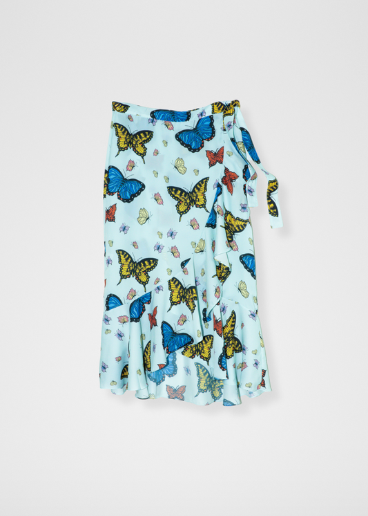 Butterflies Ruffle Midi Wrap Skirt - Pale Blue Sky