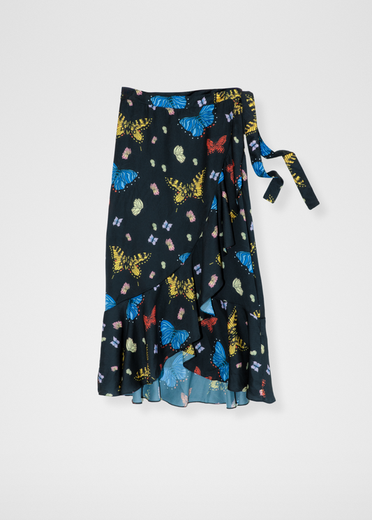 Butterflies Ruffle Midi Wrap Skirt - Black