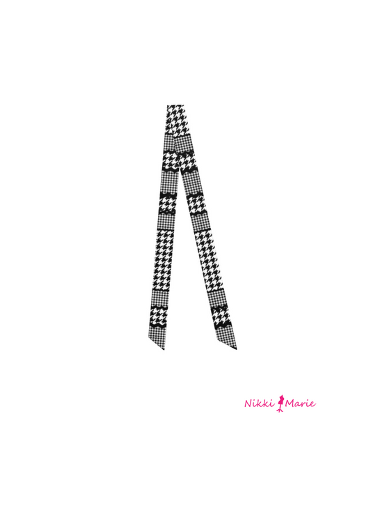 Mad Houndstooth Silk Twilly Ribbon Scarf - Black And White