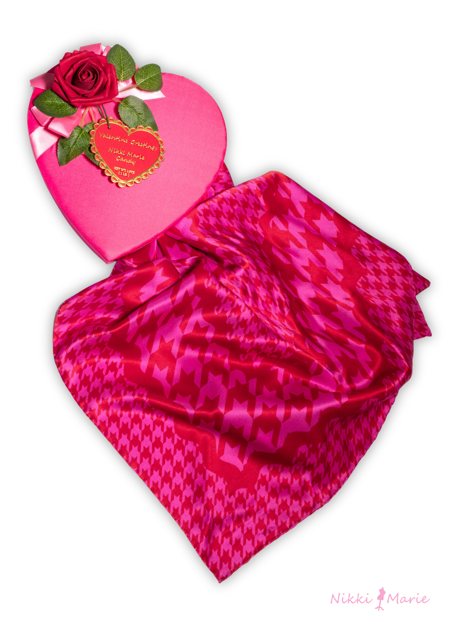 Mad Houndstooth Silk Satin Square Scarf - Pink And Red 13th Anniversary Limited Edition Pre-Order