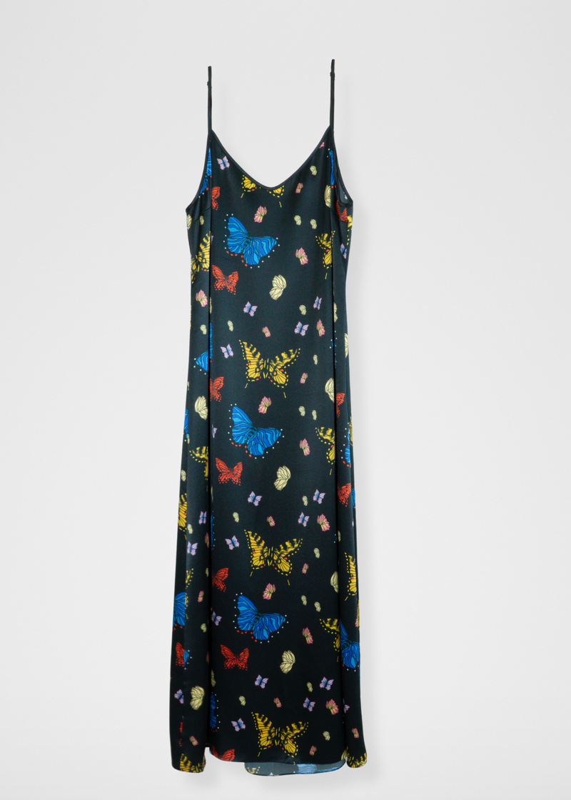 Butterflies Silk Maxi Slip Dress - Black