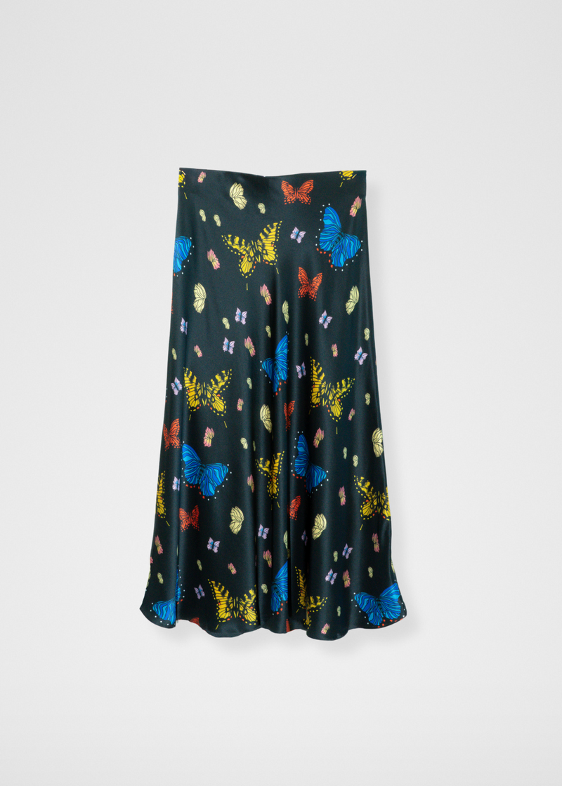 Butterflies Silk Midi Slip Skirt - Black