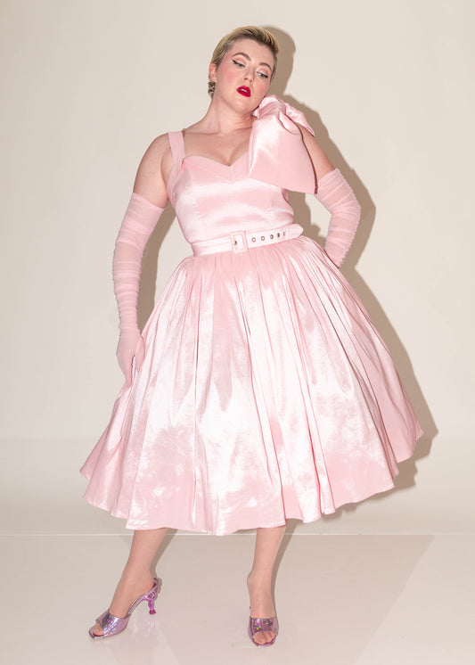 Valentina Dress Baby Pink Silk Shantung With Detachable Bow