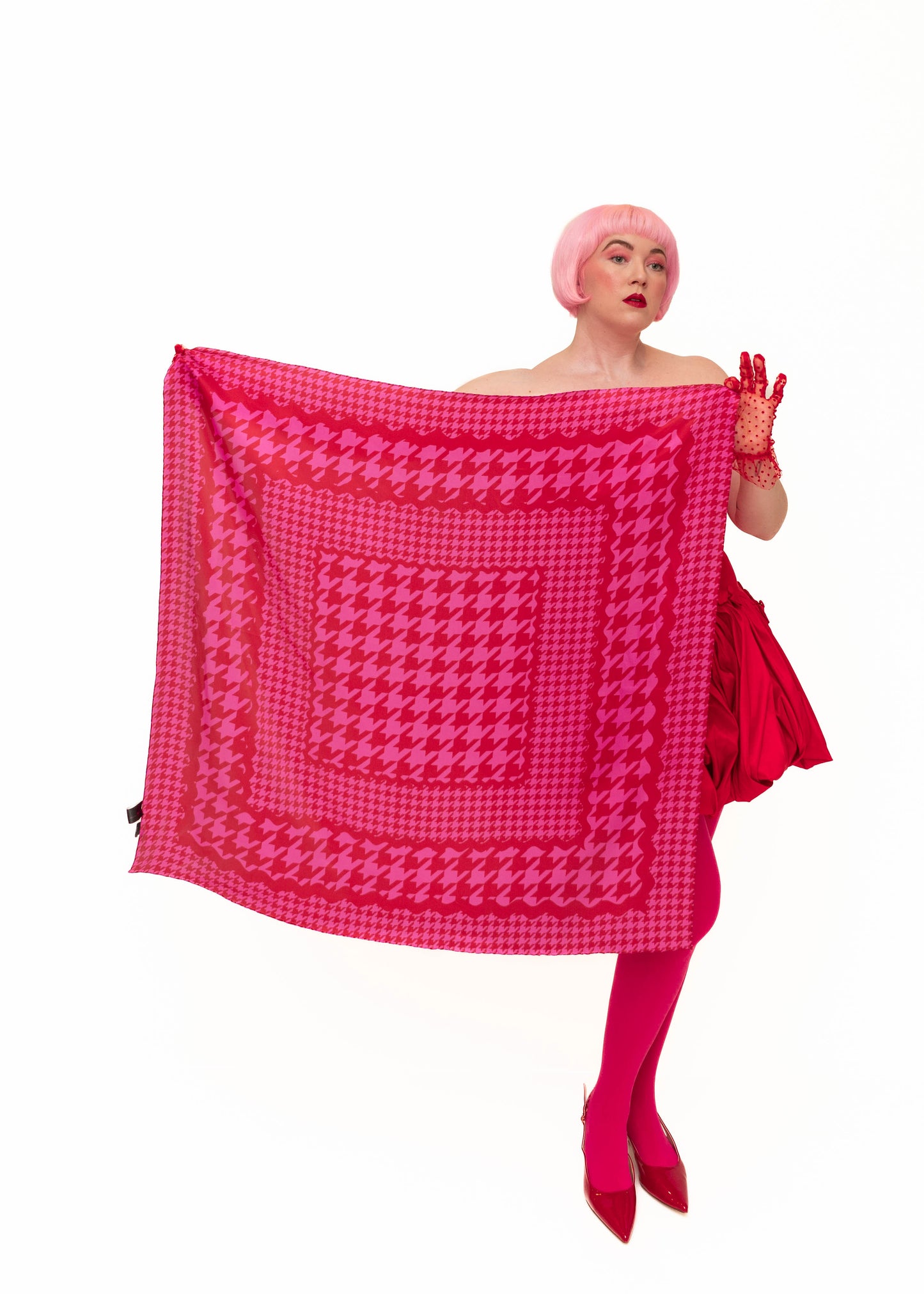 Mad Houndstooth Silk Satin Square Scarf - Pink And Red 13th Anniversary Limited Edition Pre-Order