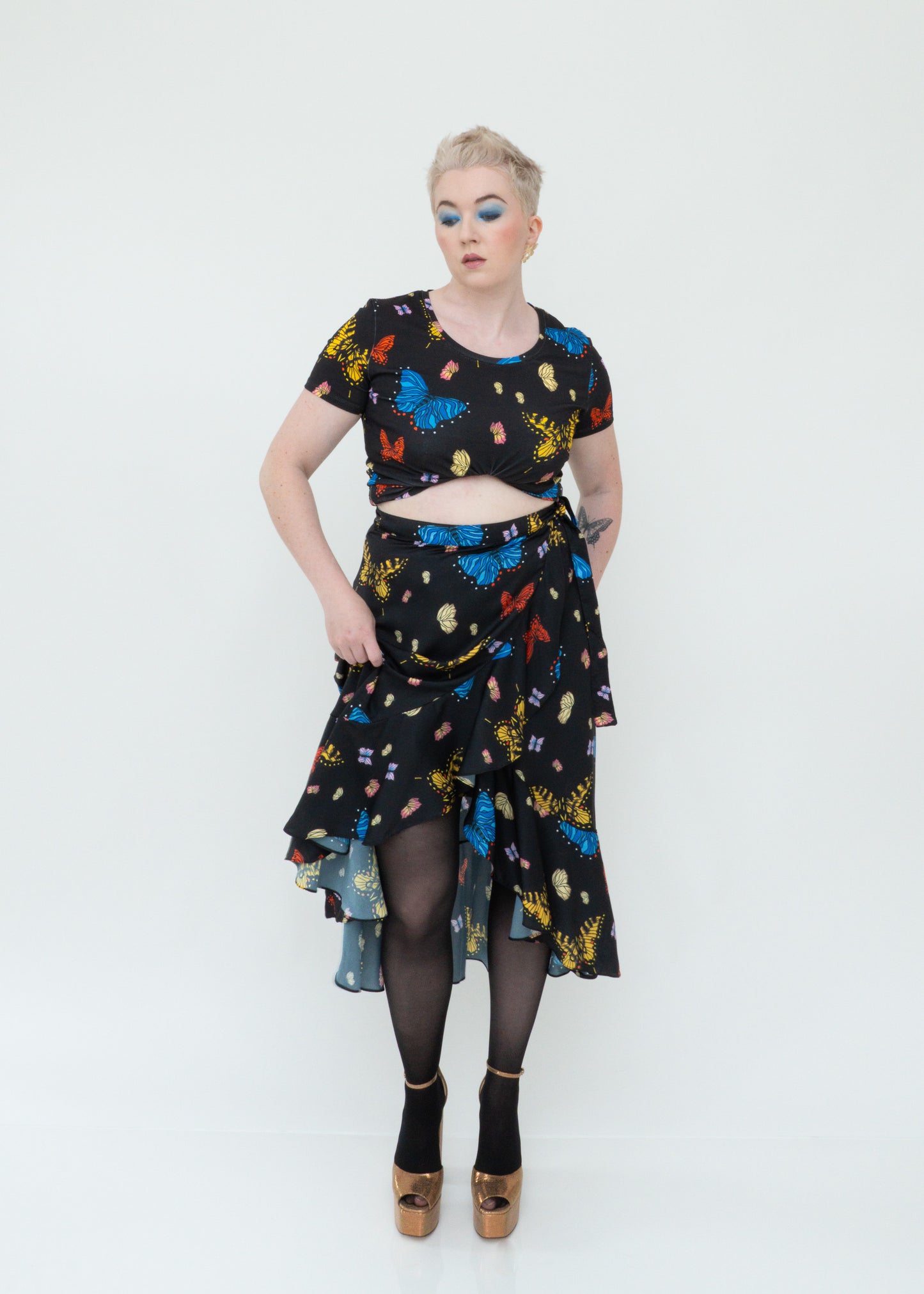 Butterflies Ruffle Midi Wrap Skirt - Black