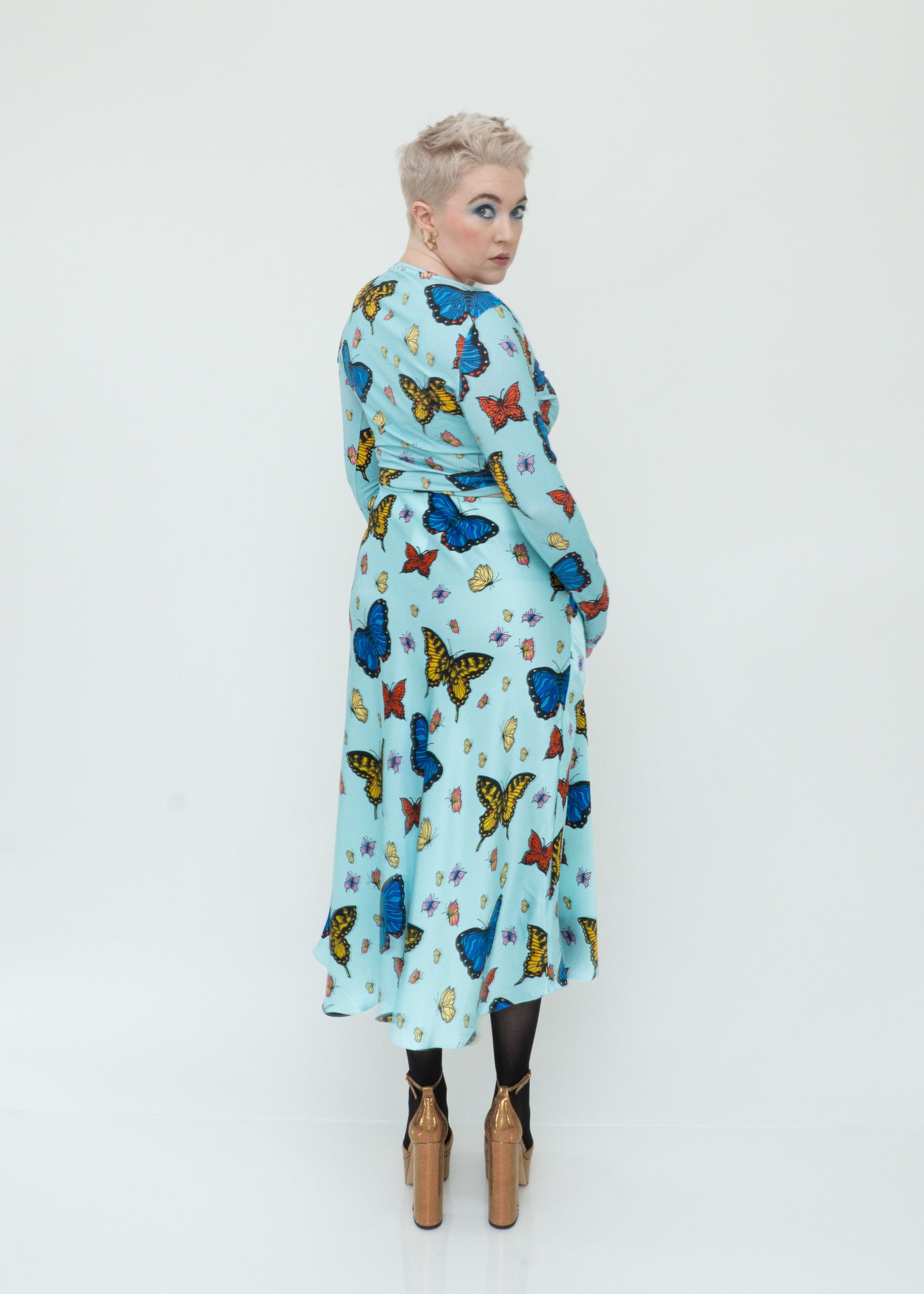 Butterflies Silk Midi Slip Skirt - Sky Blue