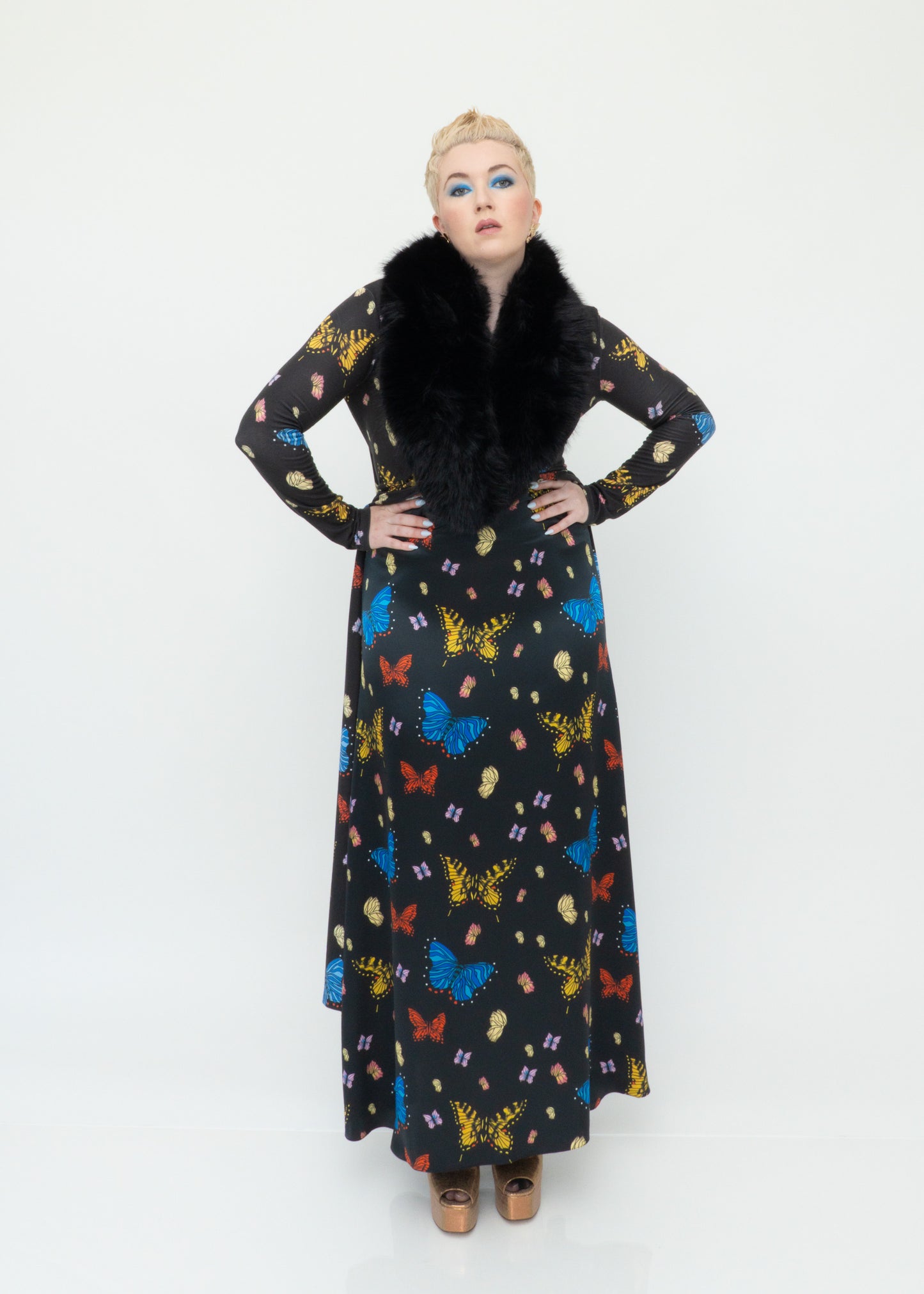 Butterflies Silk Maxi Slip Dress - Black