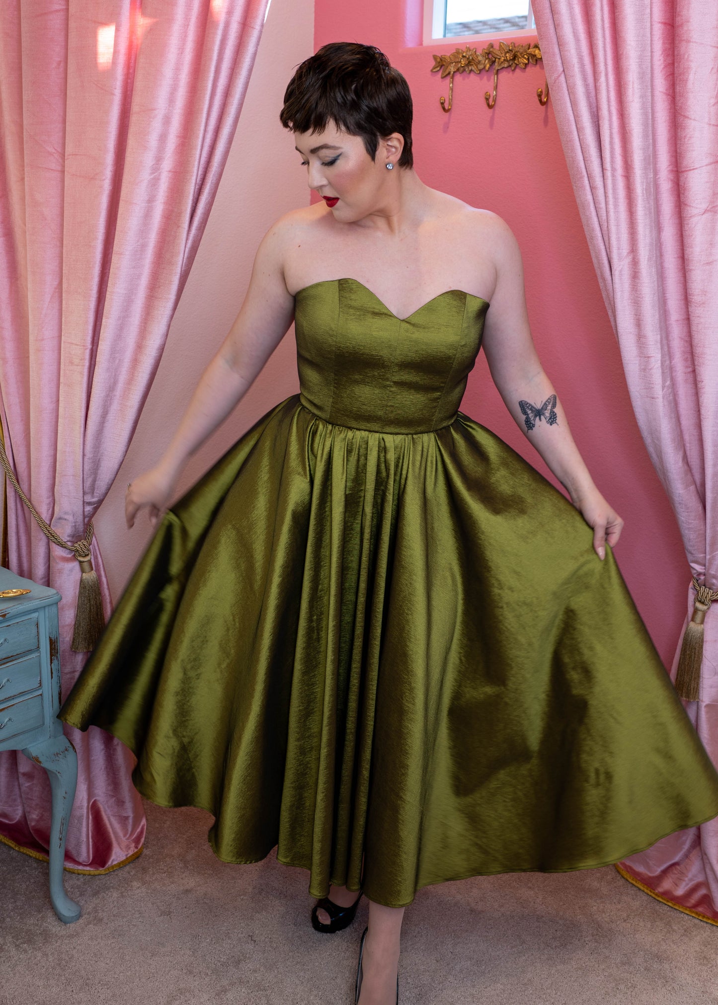Agatha Dress Olive Green Silk Taffeta