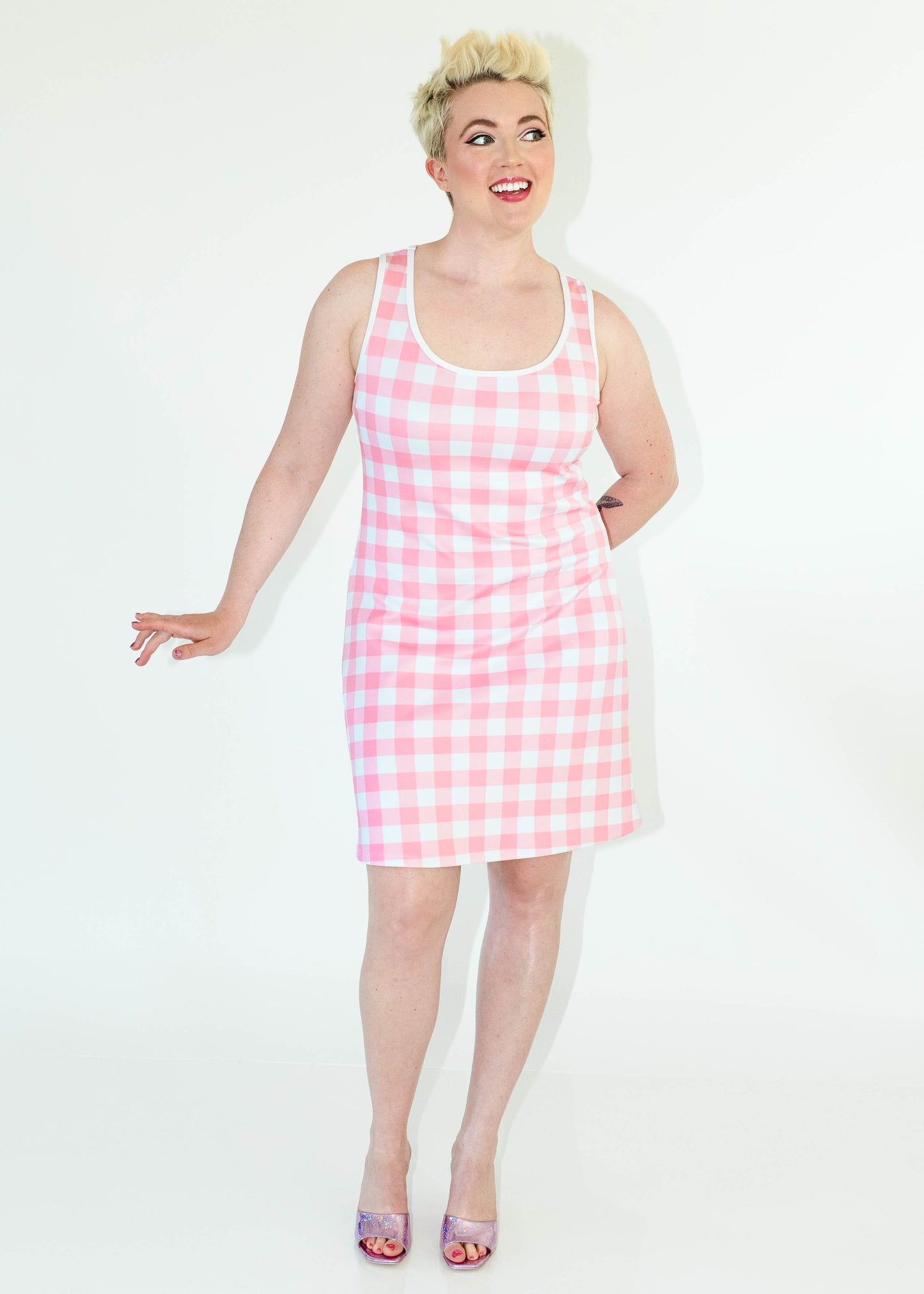Scuba Knit Shift Dress- Pink Gingham Print