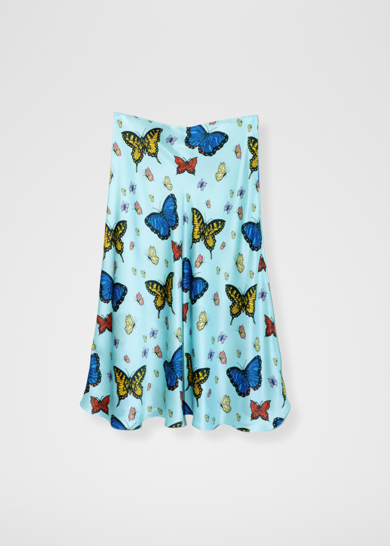 Butterflies Silk Midi Slip Skirt - Sky Blue