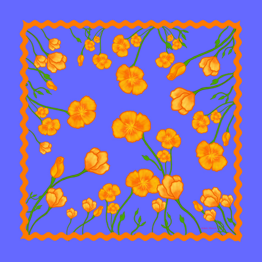 California Poppies Cornflower Blue Silk Charmeuse Scarf