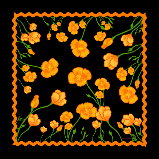 California Poppies Black And Orange Silk Charmeuse Scarf