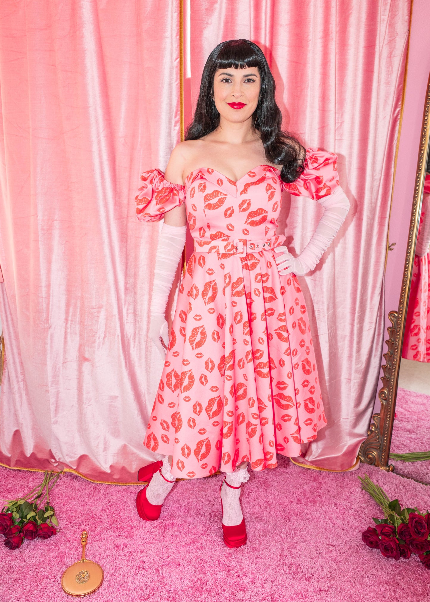 The Marilyn Full Circle Dress - Filakia Kisses Print - Pink & Red